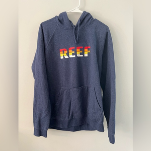 Reef Mens Fleece Hoodie Long Sleeve 70s Retro Logo‎  Blue, Medium